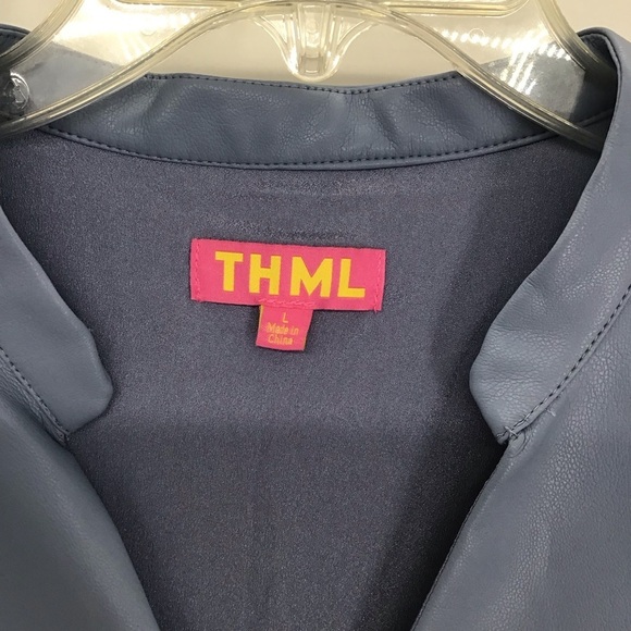 THML Wome’s Faux Leather V-Neck Ruffle Sleeve Dress Casual Career Blue Size L - Picture 5 of 8